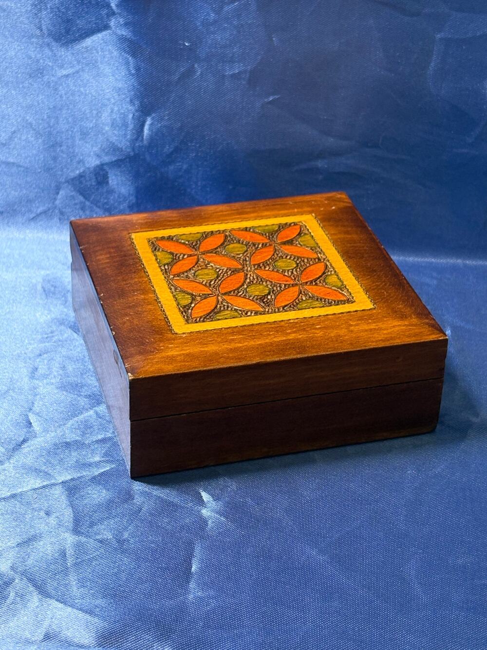 Wooden Square Hinged Trinket Box with Carved Pattern on Lid